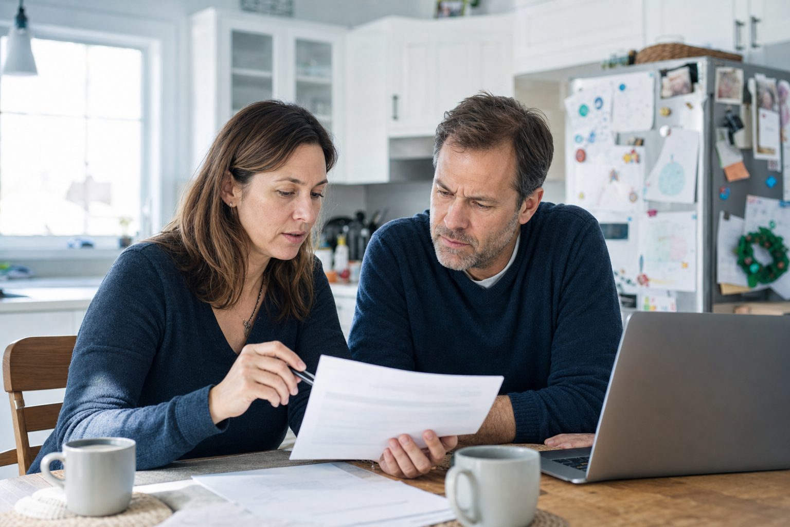 Un couple relit la lettre de renouvellement de sa banque à la table de cuisine