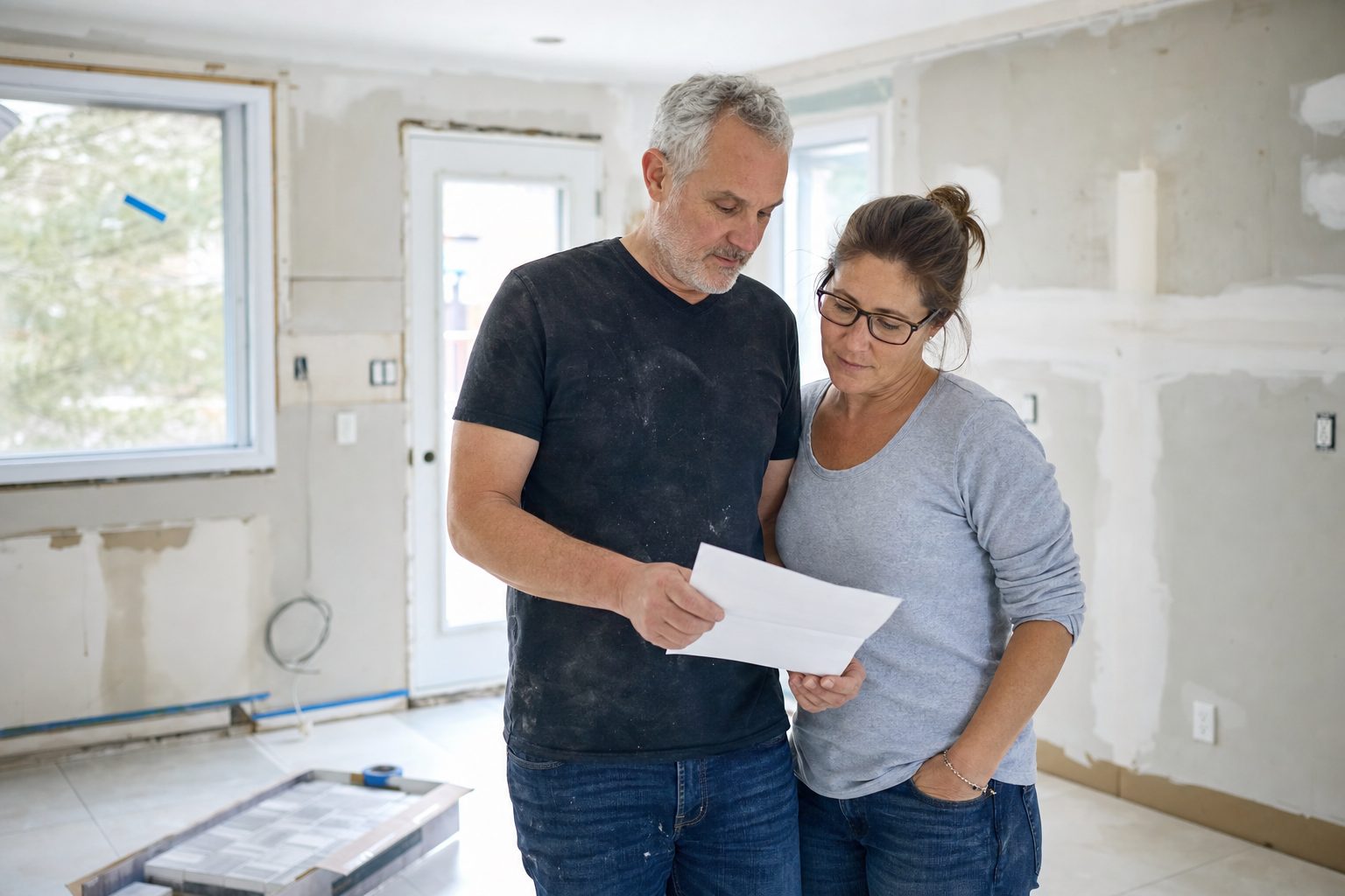 Un couple consulte une soumission de rénovation dans sa cuisine en chantier